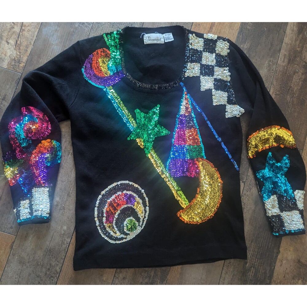 Vintage 90s OS International Sequin Embellished Sweater - Party Time!